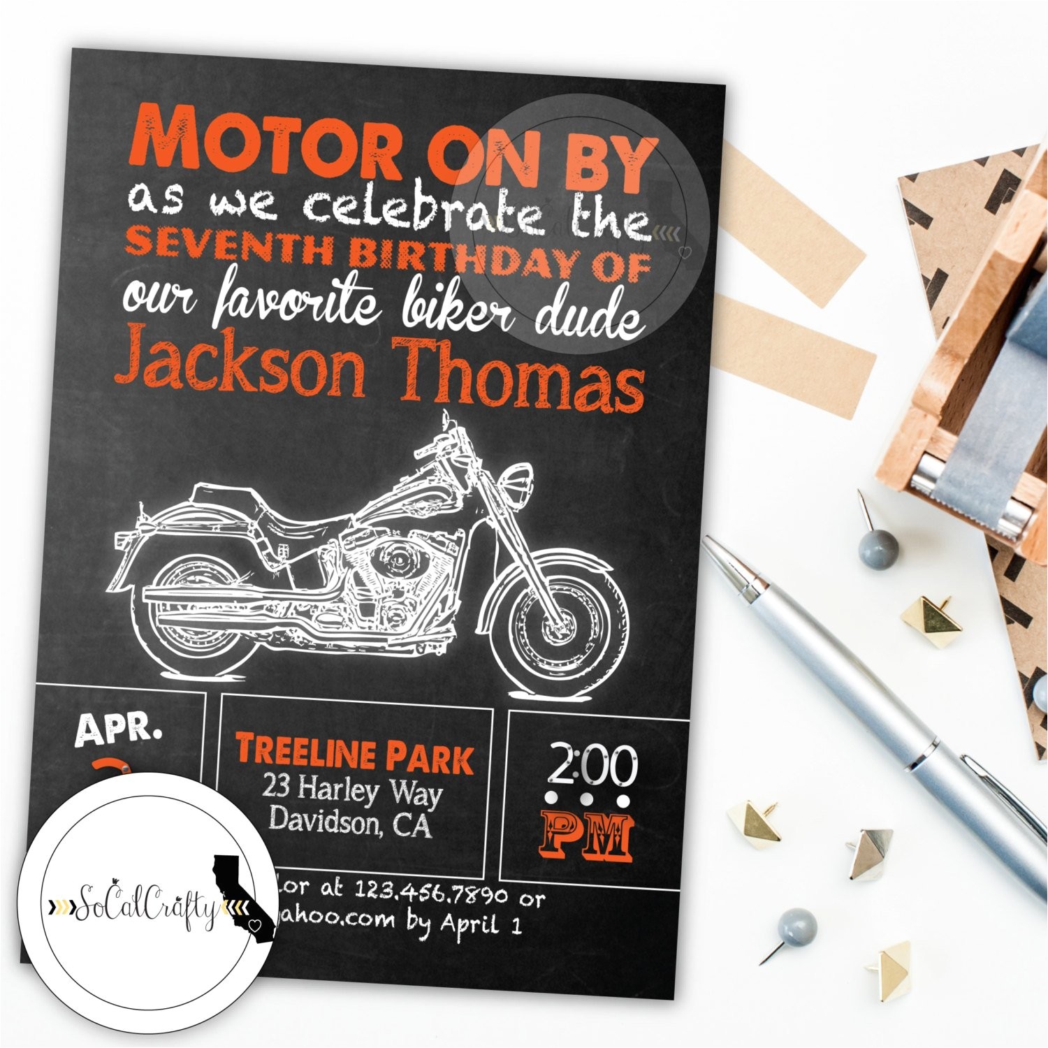 Biker Party Invitations Harley Davidson Birthday Party Invitation Chalkboard