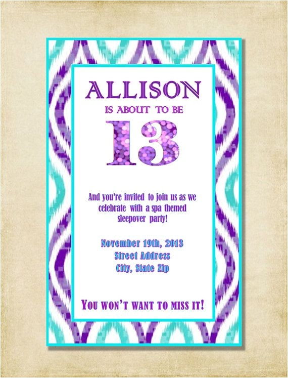 Birthday Invitations 14 Year Old Party Girl 13th Birthday Party Invitation Purple Aqua by
