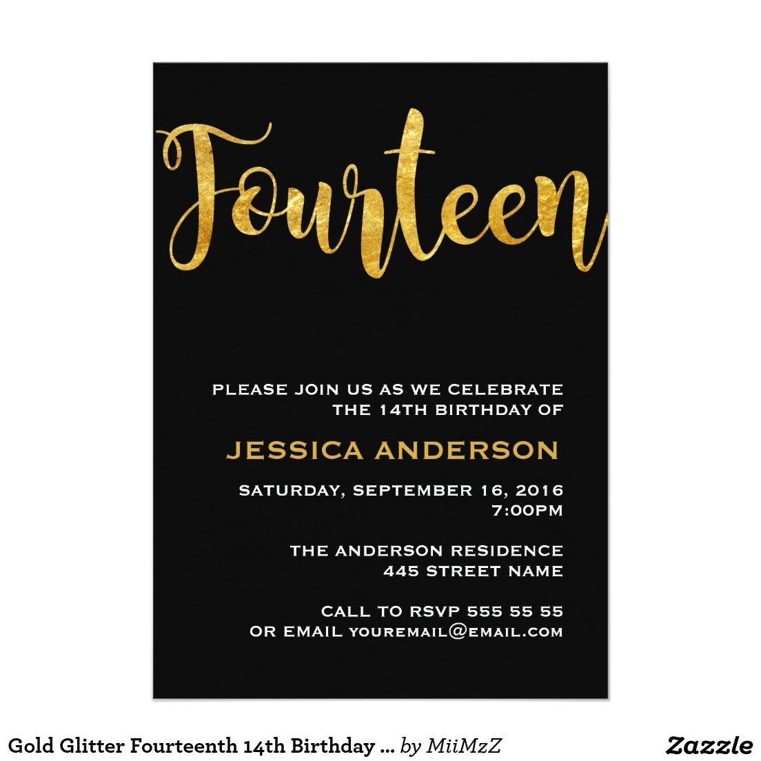 Birthday Invitations 14 Year Old Party Gold Glitter Fourteenth 14th Birthday Invitation Teens