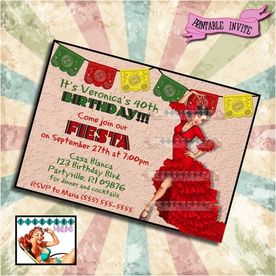 Birthday Party Invitations Spanish Pinup Birthday Invitation Feista Mexican Spanish Party Pin Up