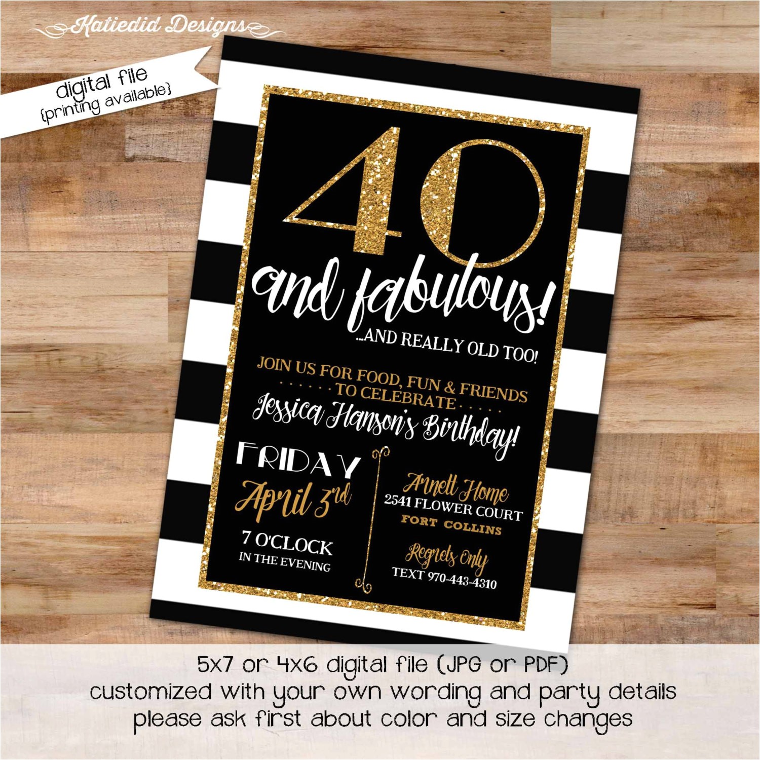 Black and White 40th Birthday Party Invitations 40th Birthday Invitation Black and White Katiedid Designs
