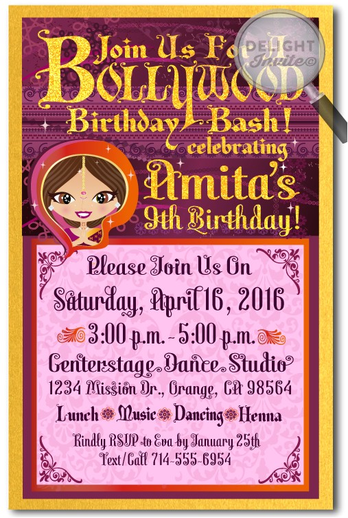 Bollywood theme Party Invitation Card Bollywood Party Birthday Invitations Bollywood Birthday