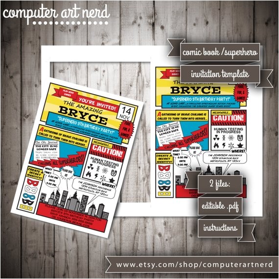 Book Party Invitations Template Items Similar to Comic Book or Superhero theme Birthday