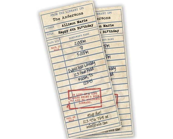 Book Party Invitations Template Library Card Invitations Book theme Party Build A Library