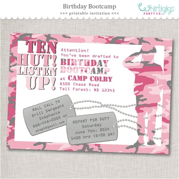 Boot Camp Party Invitations Pink Army Invitation Quot Birthday Bootcamp Quot Birthday Invite