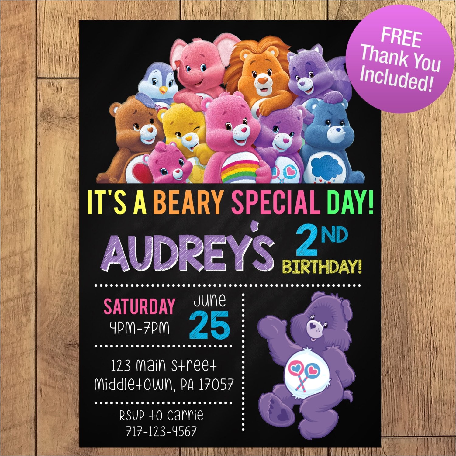 Care Bears Birthday Party Invitations Care Bear Birthday Party Invitation Free Thank You Included