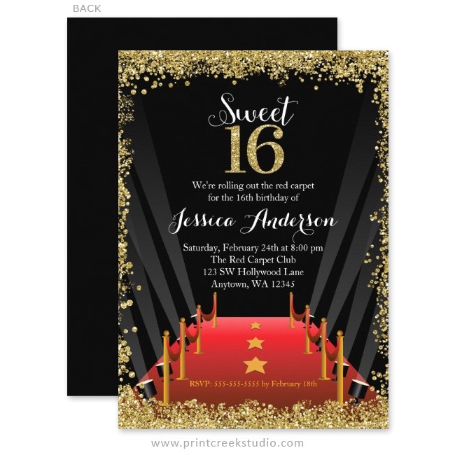 Celebrity Party Invitations Red Carpet Hollywood Glitter Sweet 16 Birthday Invitations