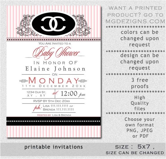 Chanel Party Invitation Template Printable Pink Chanel Inspired Baby Shower Invitation