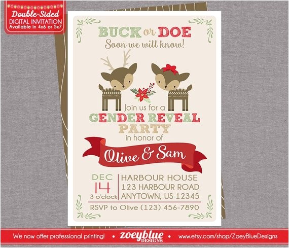 Christmas Gender Reveal Party Invitations Deer Gender Reveal Invitation Reindeer by Zoeybluedesigns