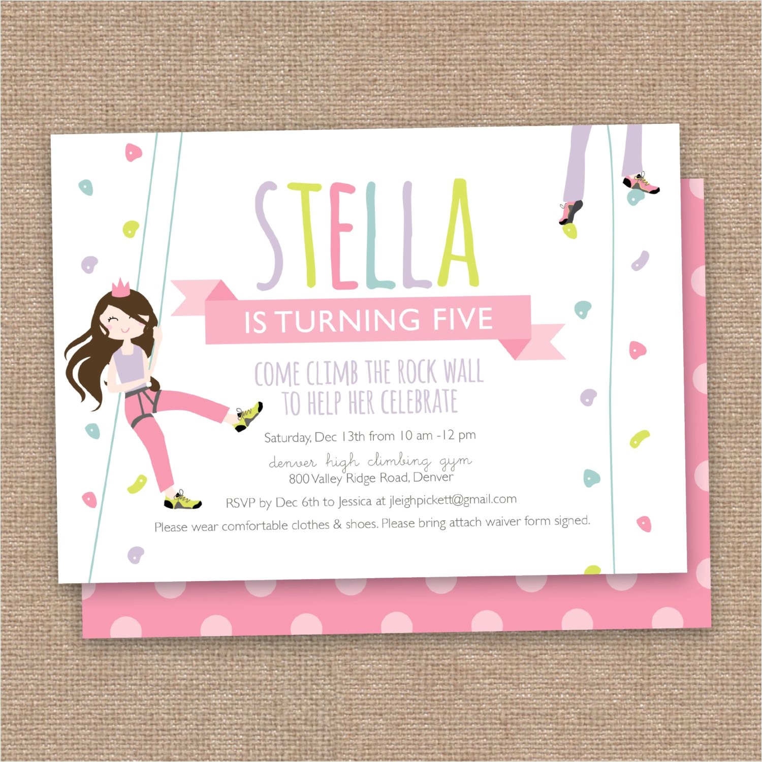 Climbing Wall Party Invitations Girl Rock Climbing Party Birthday Invitation Climbing Wall