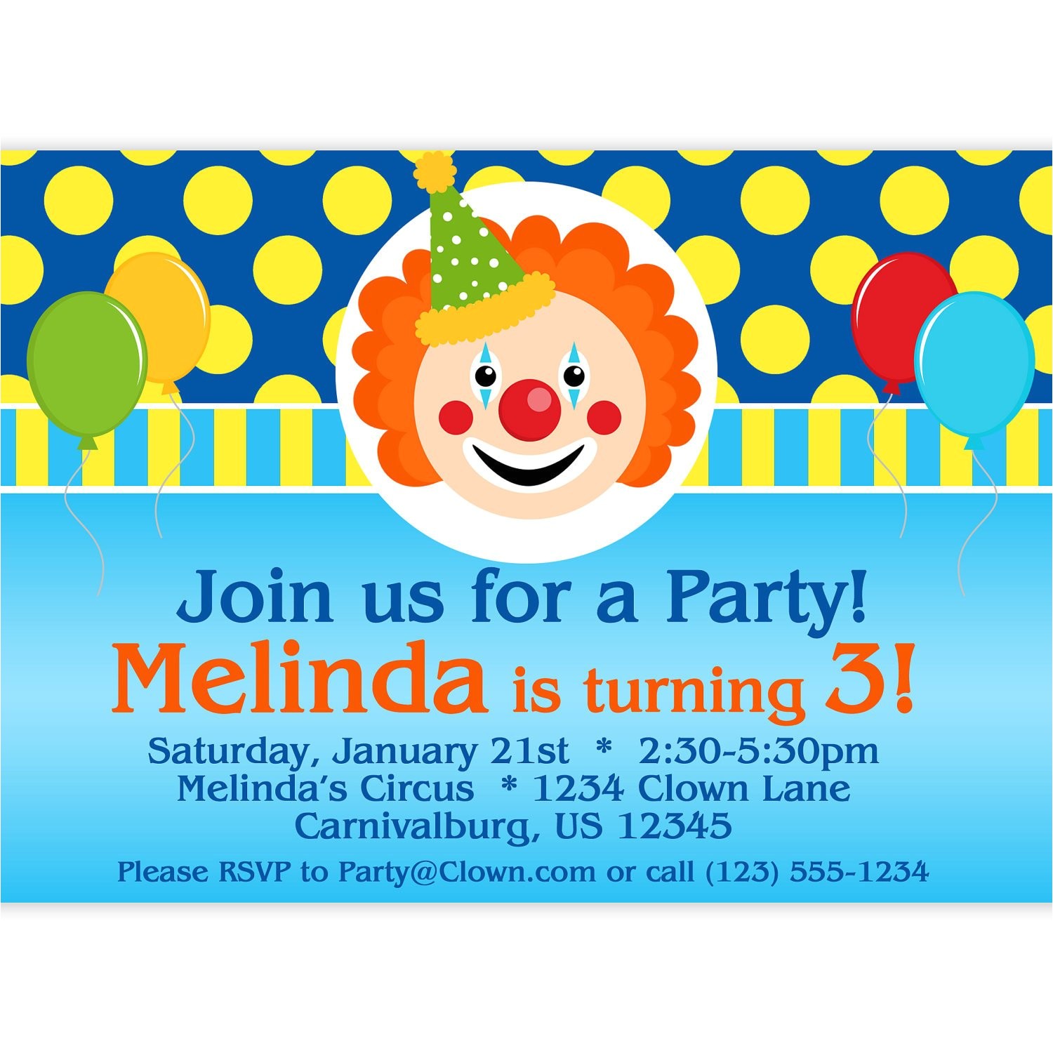 Clown Birthday Party Invitations Circus Carnival Invitation Funny Clown Polka Dots and
