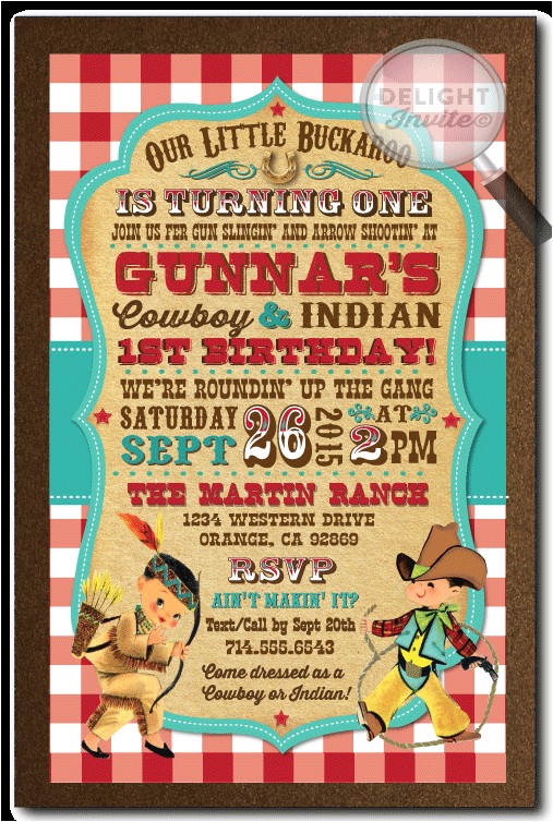 Cowboy and Indian Party Invitations Vintage Cowboy and Indians 1st Birthday Invitations Di