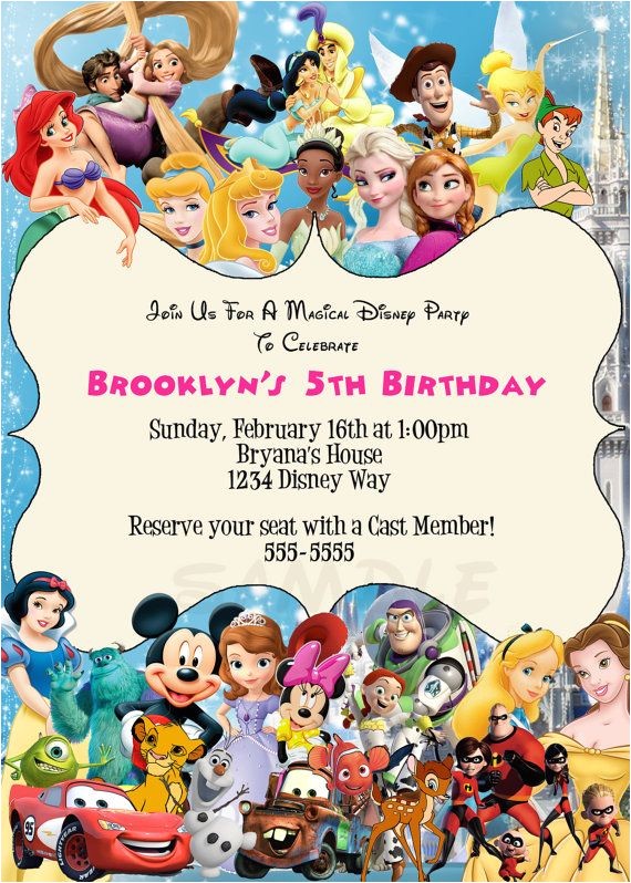 Disney themed Party Invitations Disney Characters Birthday Party Custom by