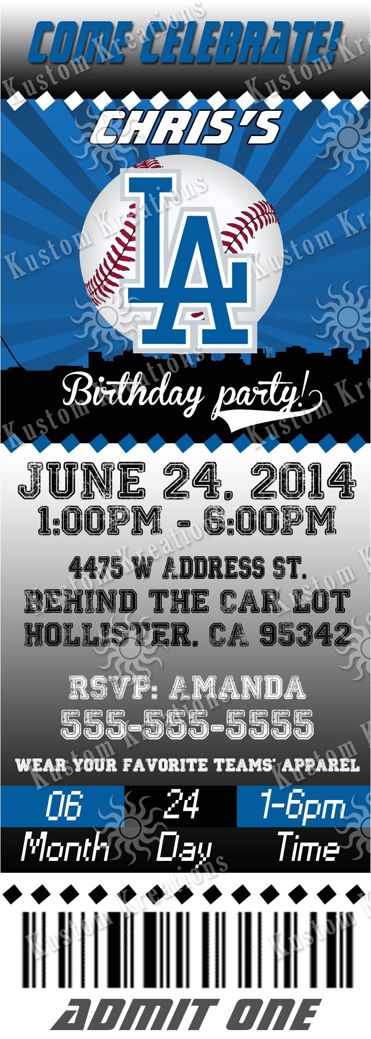 Dodger Party Invitations Mlb Los Angeles Dodgers Birthday Invitations Kustom