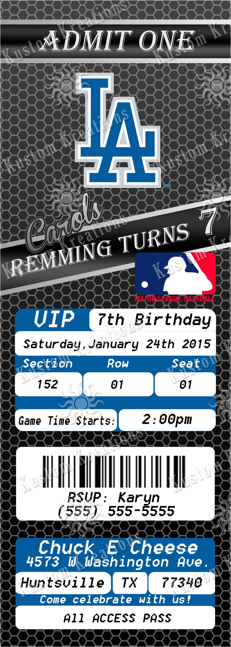 Dodger Party Invitations Mlb Los Angeles Dodgers Birthday Invitations Kustom