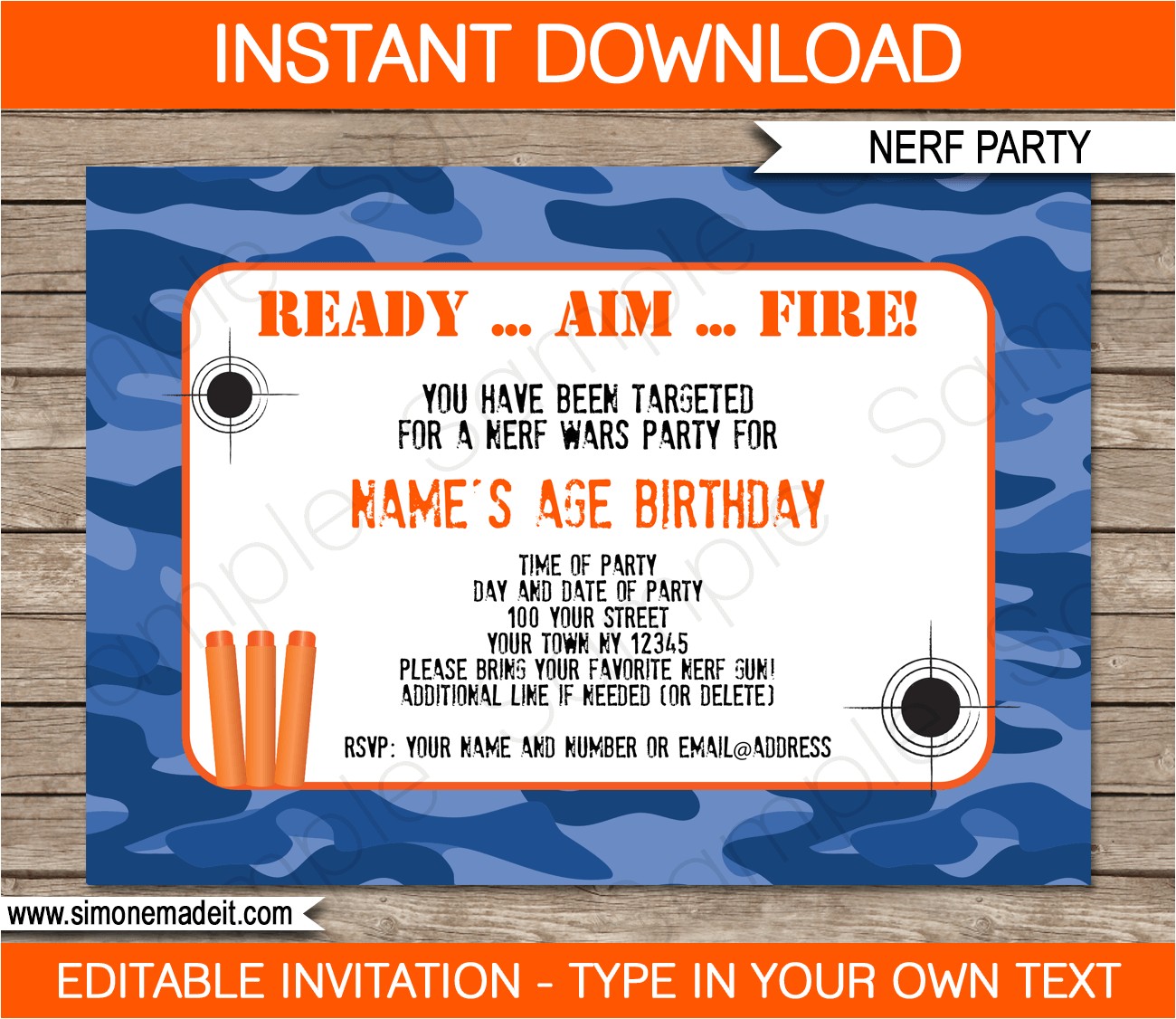 Free Nerf Gun Party Invitations Printable Nerf Birthday Party Invitations Editable Template Blue