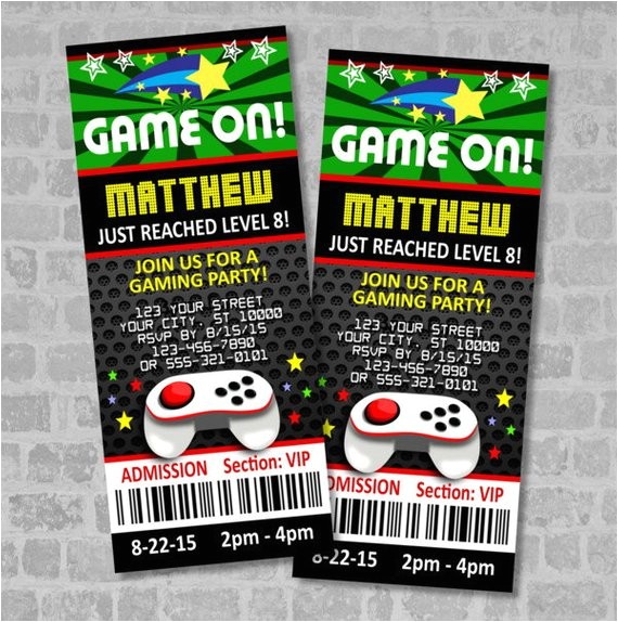 Game On Party Invitations Video Games Party Ticket Invitations Gaming Birthday Party