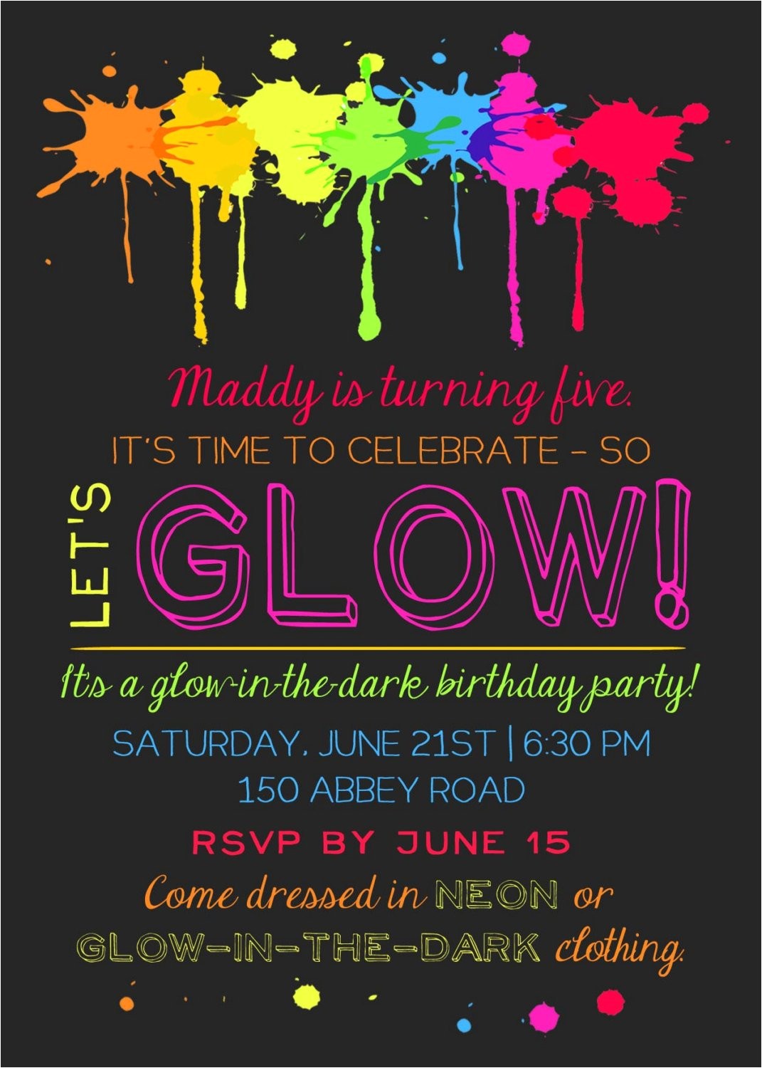 Glow Party Invites Printable Glow In the Dark theme Party Invitation