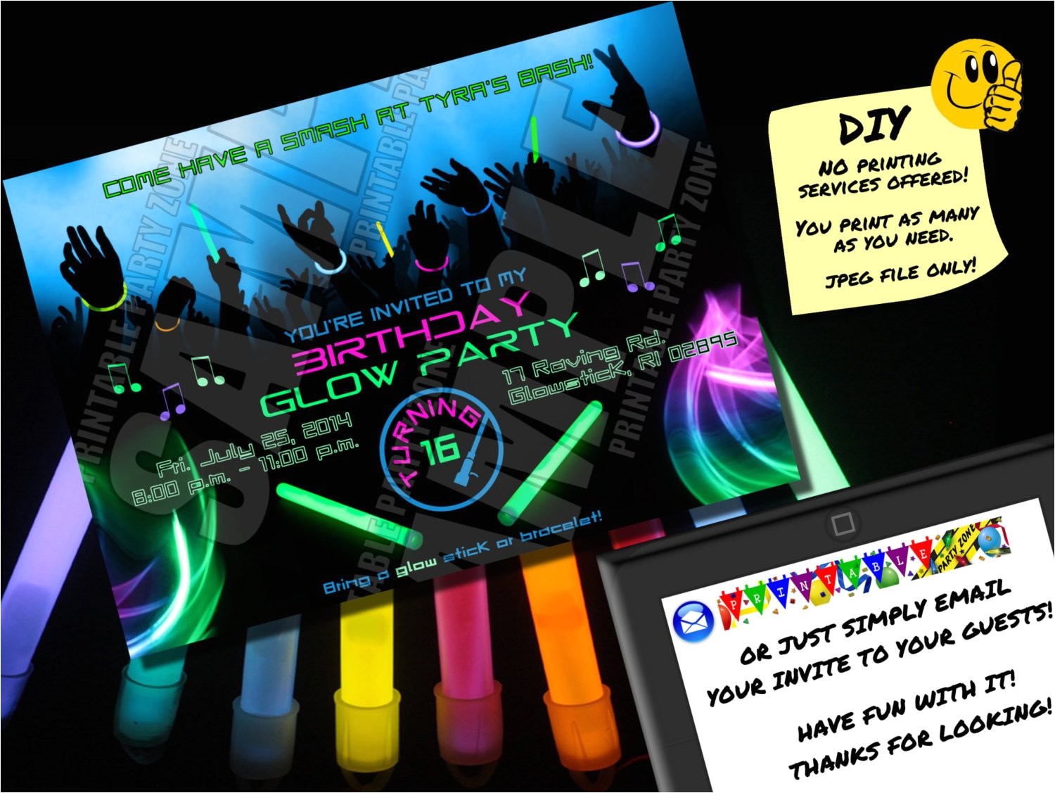 Glow Stick Party Invitations Birthday Glow Party Invitation Printable Invite Emailable Glow Stick Party Invitations Birthday Glow Party Invitation Printable Invite Emailable