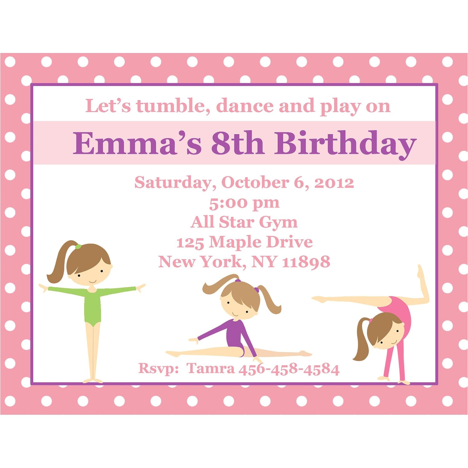 Gym Birthday Party Invitations 20 Personalized Birthday Invitations Pink Gymnastics
