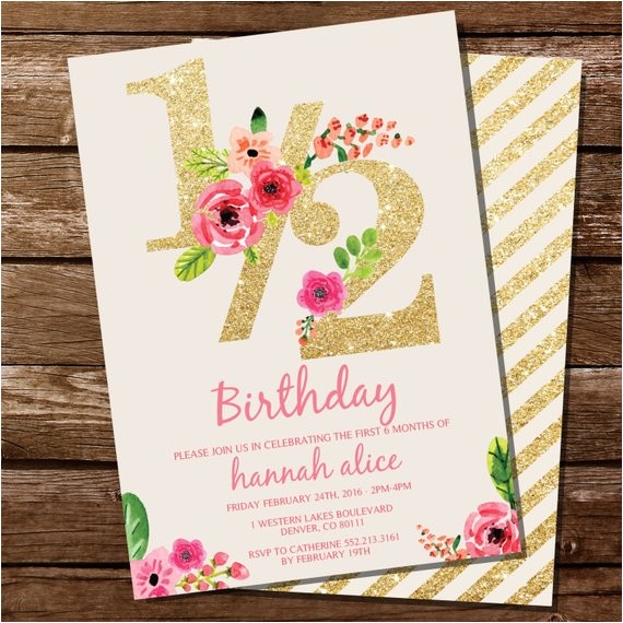Half Birthday Party Invitations Half Birthday Invitation Gold Glitter Floral Watercolor 1 2