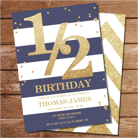 Half Birthday Party Invitations Half Birthday Invitation Gold Glitter Invitation Blue and