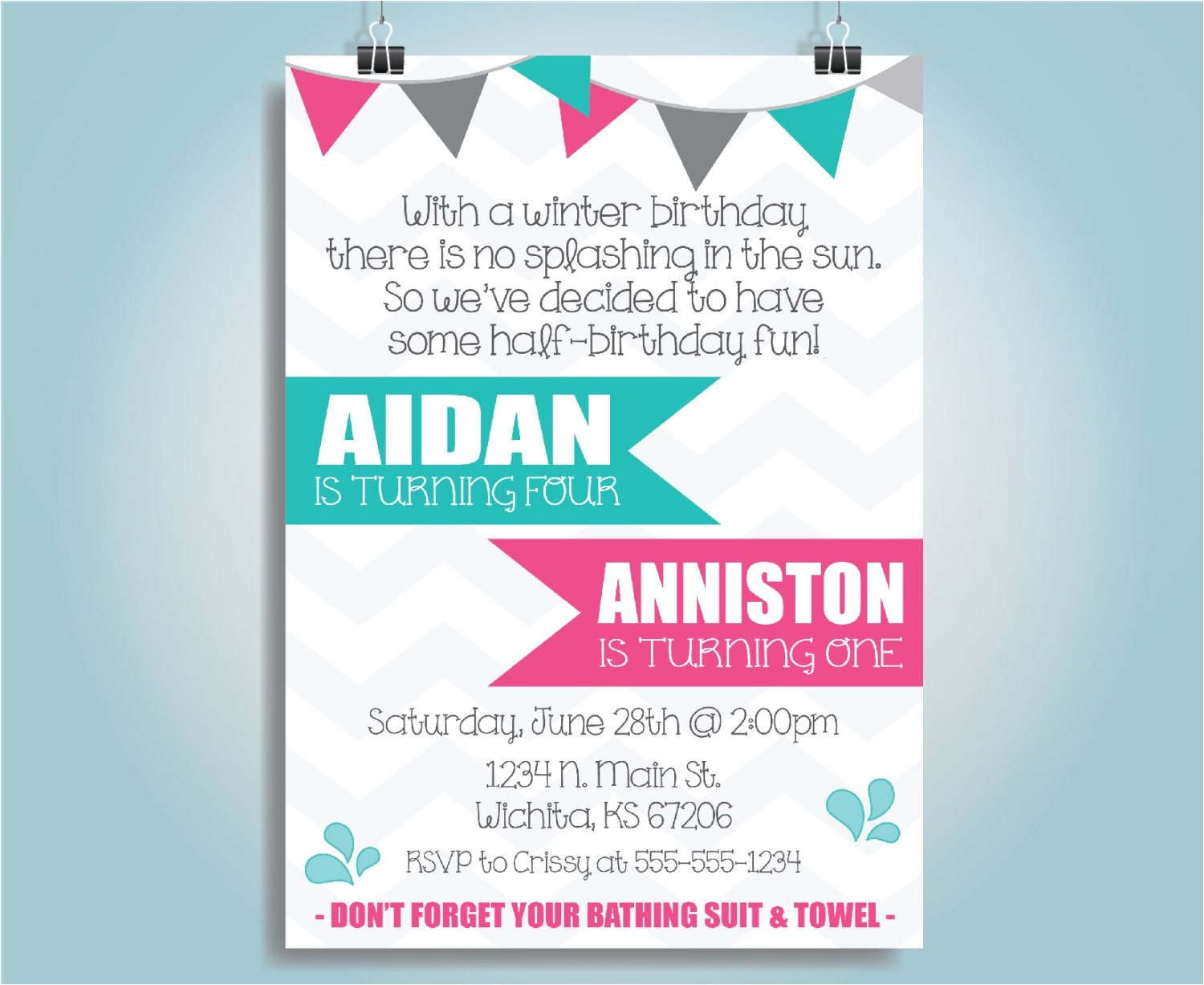 Half Birthday Party Invitations Printable Chevron Sibling Half Birthday Invite Aidan