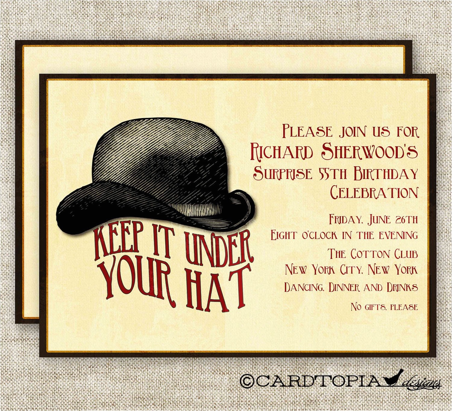 Hat themed Party Invitations Surprise Birthday Party Invitations Vintage Bowler Hat Digital