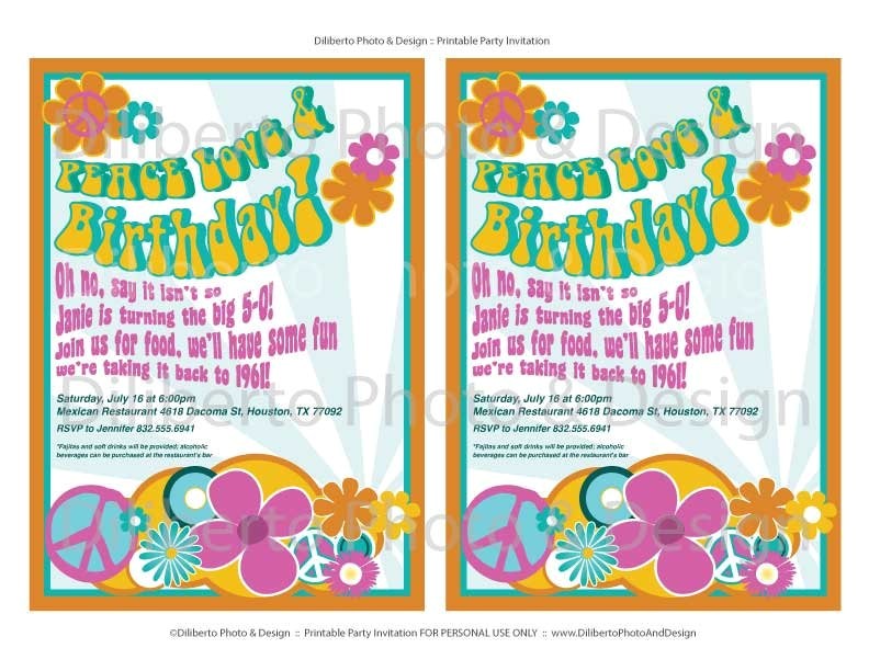 Hippie Invitations Birthday Party Printable Party Invitation Hippie 1960s by Dilibertodesign