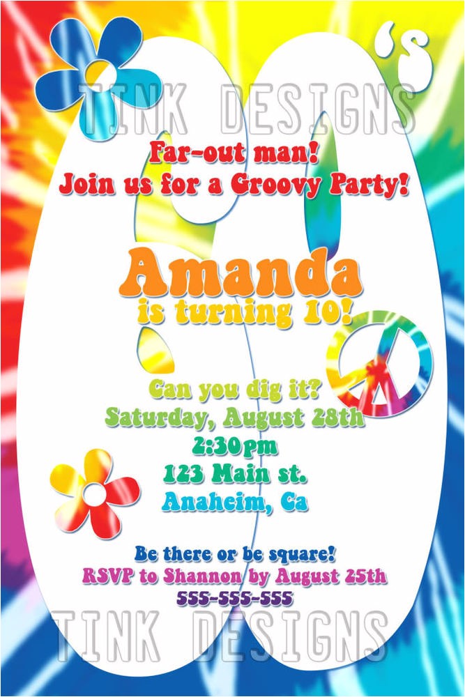 Hippie Invitations Birthday Party Sixties 1960 39 S 60 39 S Hippie Tie Dye Psychedelic Birthday