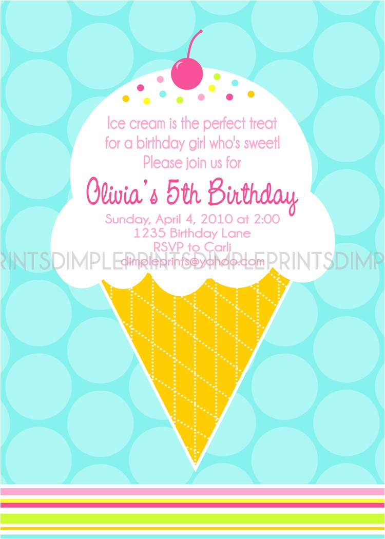 Ice Cream Party Invitations Wording Ice Cream Cone Printable Invite Dimple Prints Shop