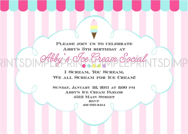 Ice Cream Party Invitations Wording Ice Cream social Printable Party Invitation Dimple