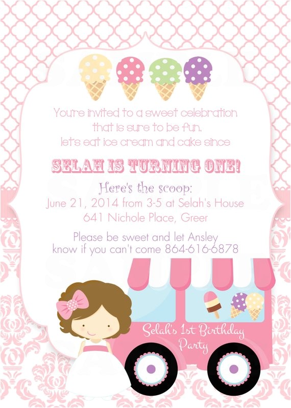 Ice Cream theme Party Invitations Girls Ice Cream Birthday Party theme First by