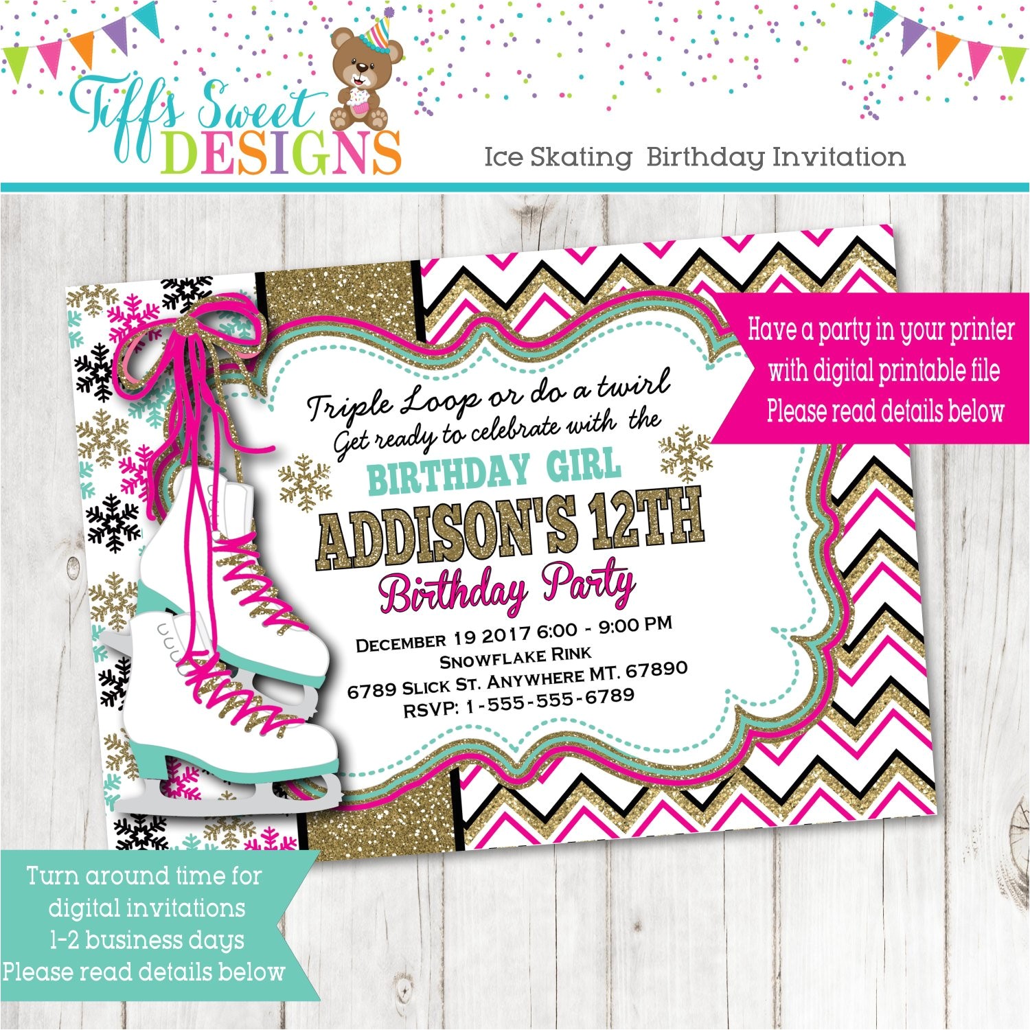 Ice Skating Birthday Party Invitations Free Printable Ice Skating Birthday Party Invitation Ice Skate Party Gold