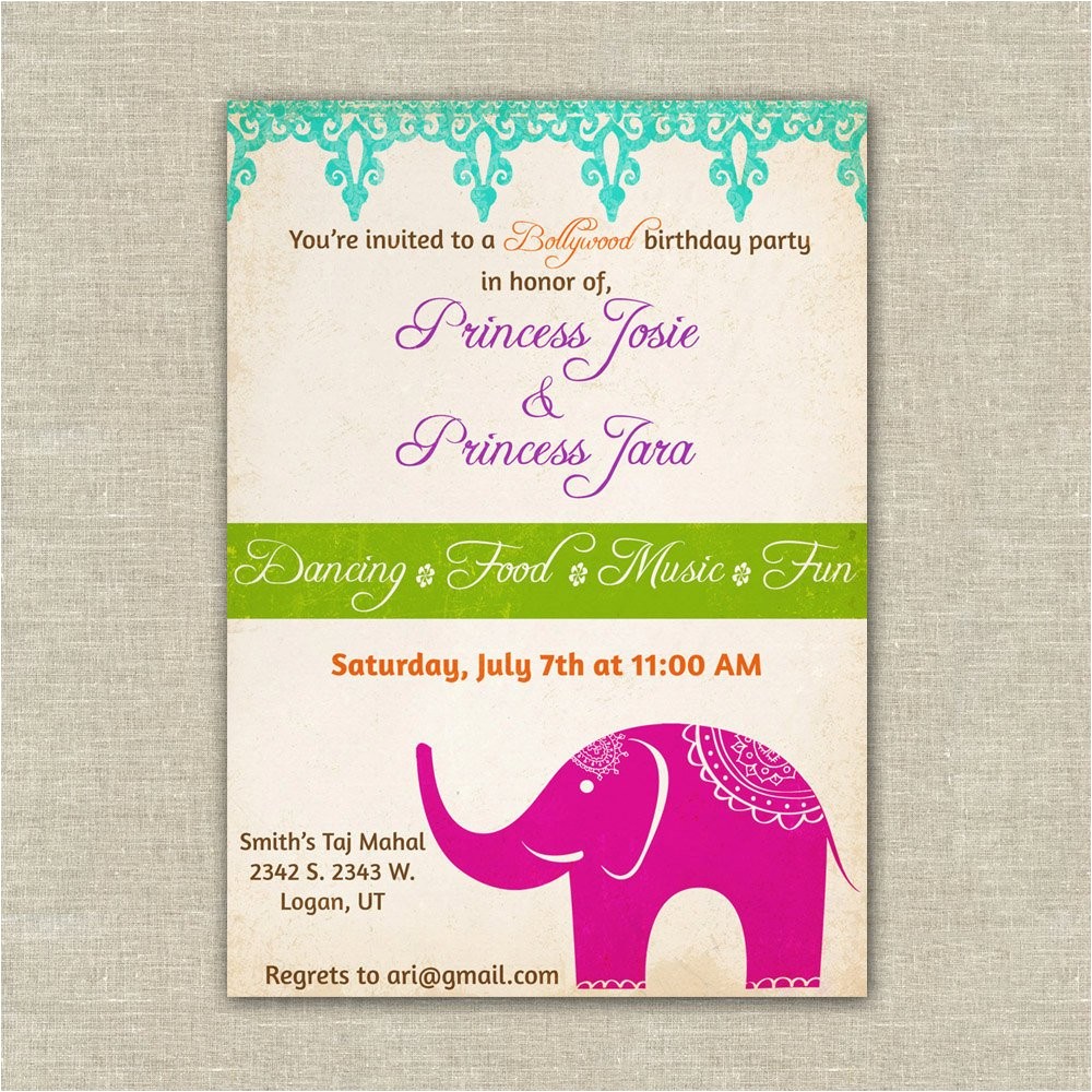 Indian Birthday Party Invitations Bollywood themed Birthday Party Invitations Girls Indian