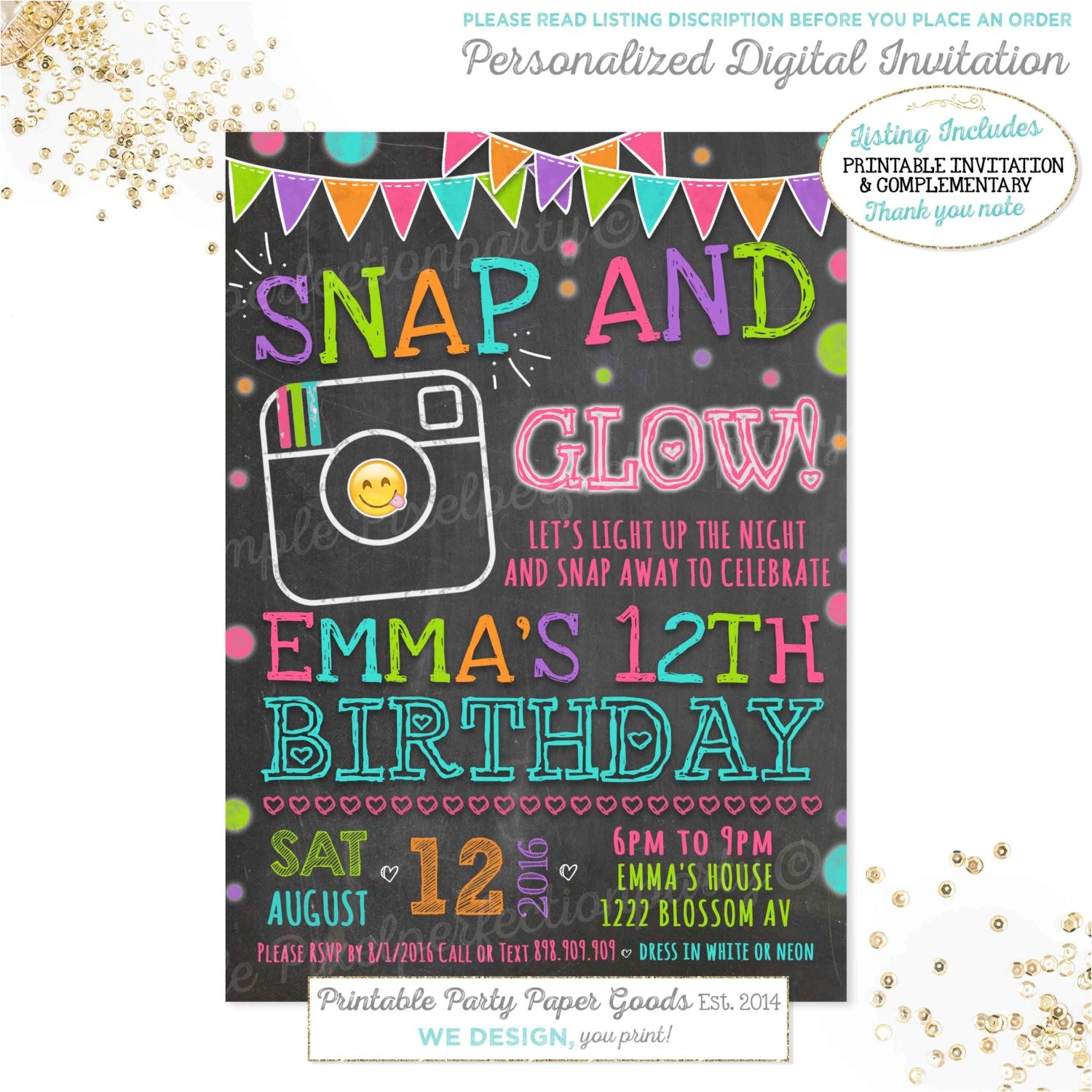 Instagram Party Invitations Emoji Birthday Invitation Instagram Birthday Invitation Neon