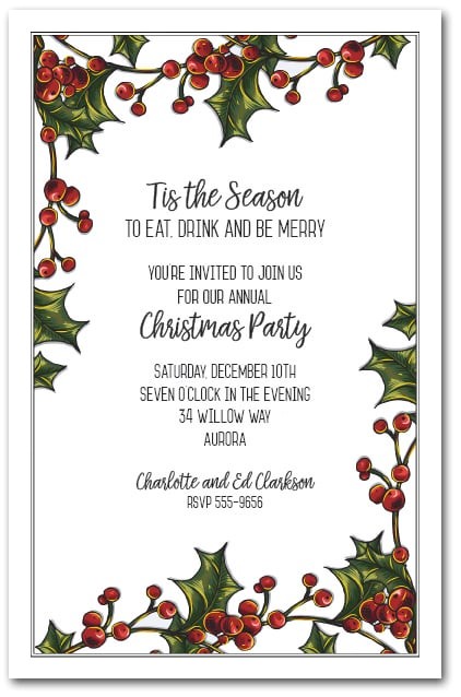 Invitation for the Christmas Party Holly Berry Garland Holiday Christmas Party Invitations