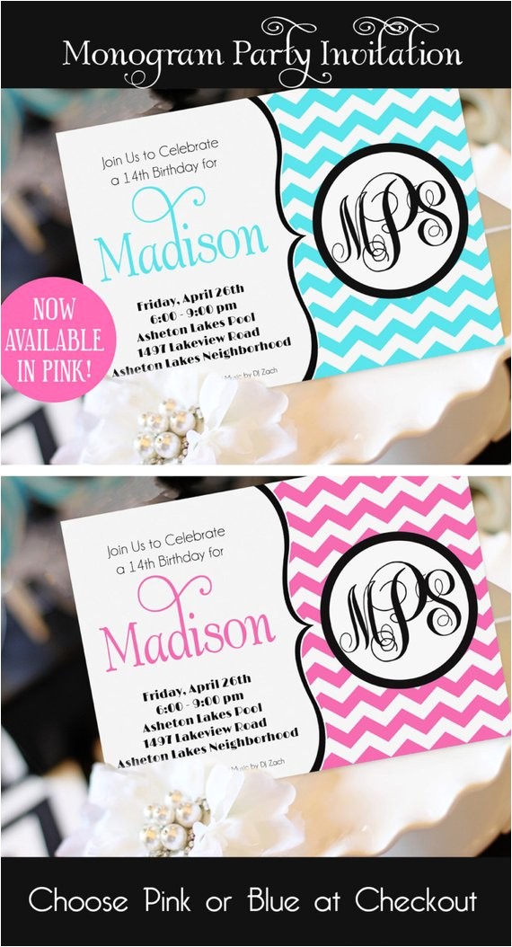 Invitations for Teenage Girl Birthday Party Teen Girl Birthday Invitation Monogram Birthday Invitation