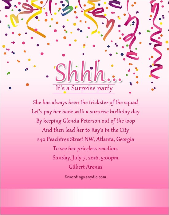 Invite to Birthday Party Wording Surprise Birthday Party Invitation Wording Wordings and