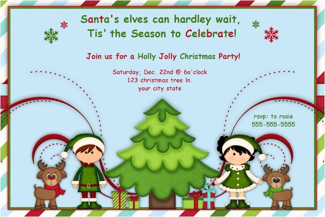 Kids Holiday Party Invitation Elf Christmas Party Invitations or Birthday Invitations