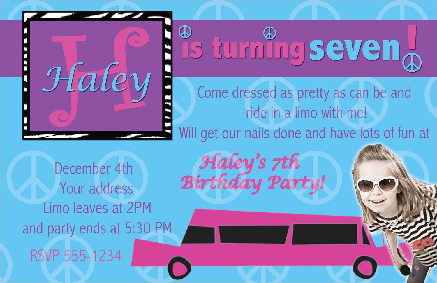 Limo Birthday Party Invitations Limo and Peace Birthday Invitation