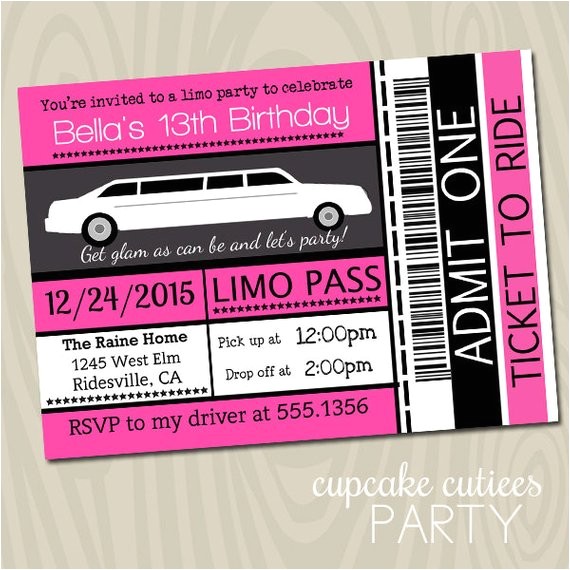 Limo Birthday Party Invitations Limo Ticket Full 5×7 or 4×6 Invite by Cupcakecutieesparty