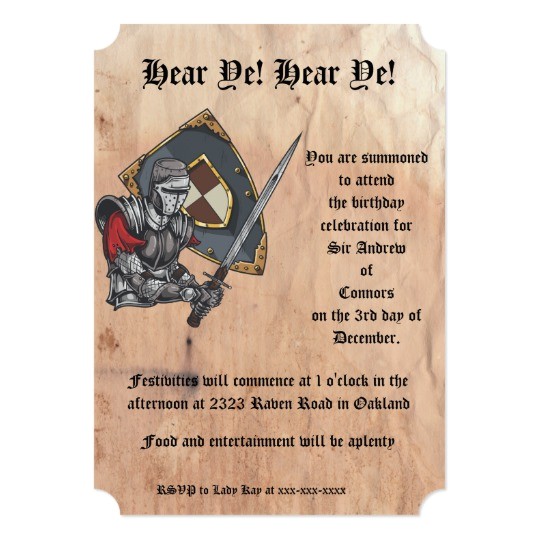 Medieval Party Invitations Medieval Knight with Sword and Shield Birthday Card