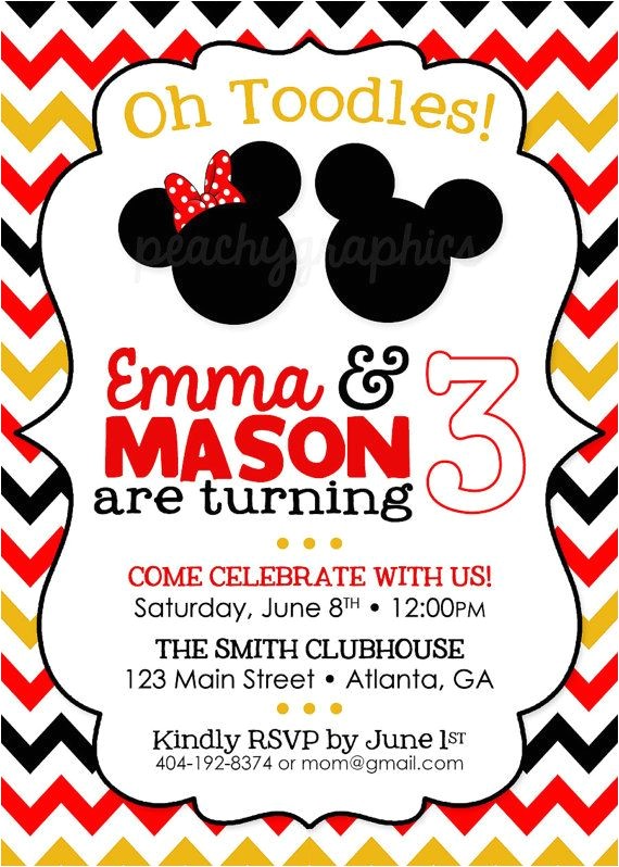 Mickey and Minnie Joint Birthday Party Invitations Twin Mickey Minnie Printable Birthday Party Invitation