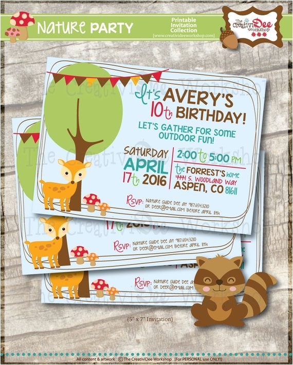 Nature themed Birthday Party Invitations Nature themed Birthday Party Printable Birthday Invitation