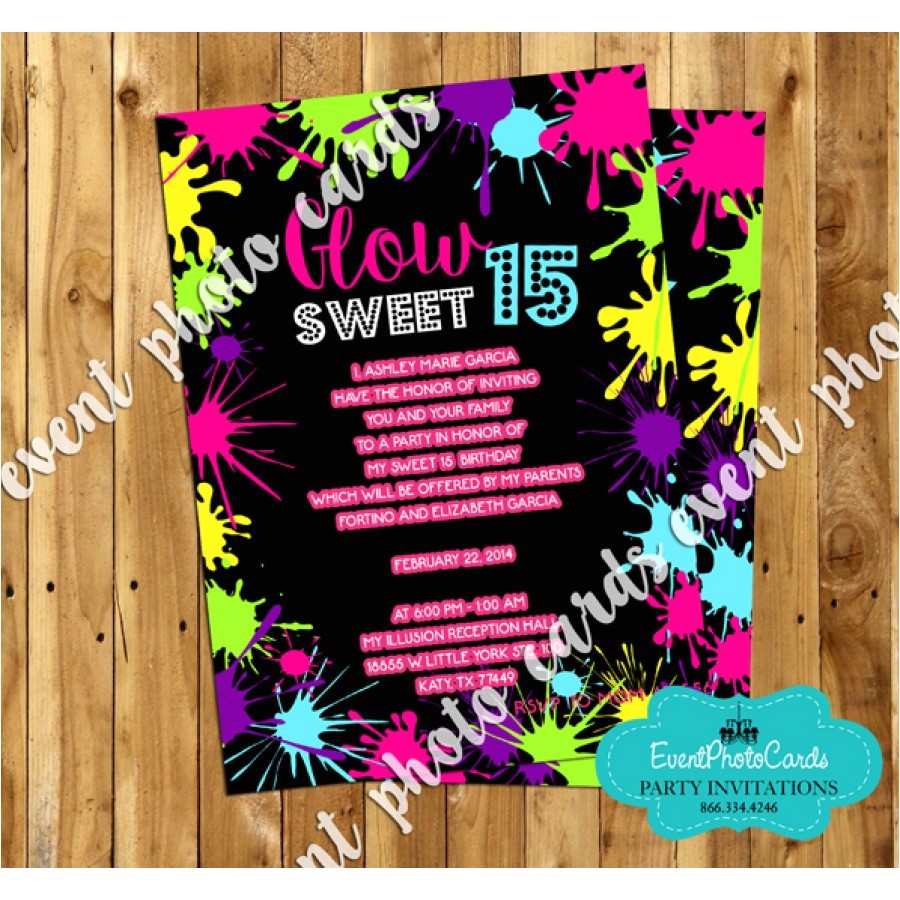Neon themed Party Invitations Neon Glow Sweet 15 Invites Quinceanera Birthday