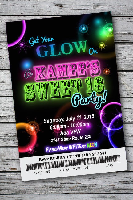 Neon themed Party Invitations Sweet 16 Glow In the Dark theme Neon Disco Birthday Party