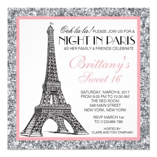Nightclub themed Party Invitations Night In Paris Glitter Sweet 16 Custom Invitation Night