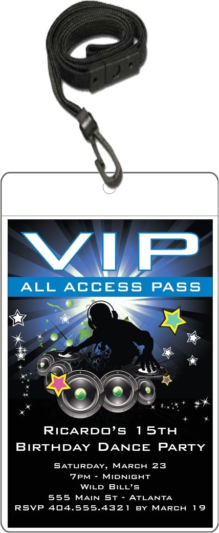Nightclub themed Party Invitations Nightclub Dj Dance Party Vip Pass Invitation W Lanyard