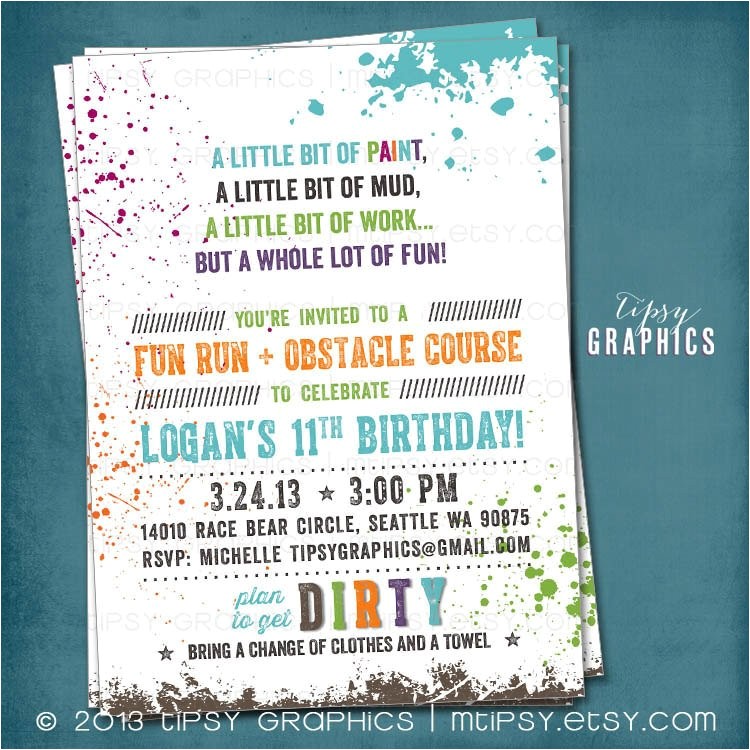 Obstacle Course Birthday Party Invitations Down Dirty Paint Ball Color Run Obstacle Course